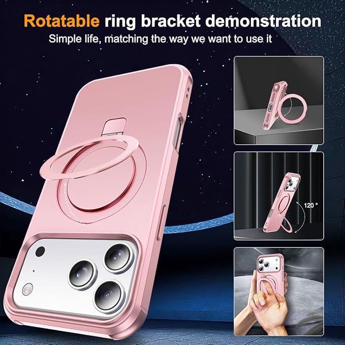 Compatible with iPhone 17 Pro Max Case with Invisible Magnetic O-Ring Stand Military-Grade Phone Case for iPhone 17 ProMax 6.9" [Compatible with Mag-Safe][Great Grip Feeling], Rose Gold