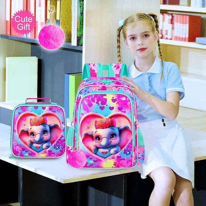 16" Girls Backpack, 3Pcs Elephant School Bookbag with Lunch Box, Kids Backpacks for Elementary Preschool Kindergarten(Pink)