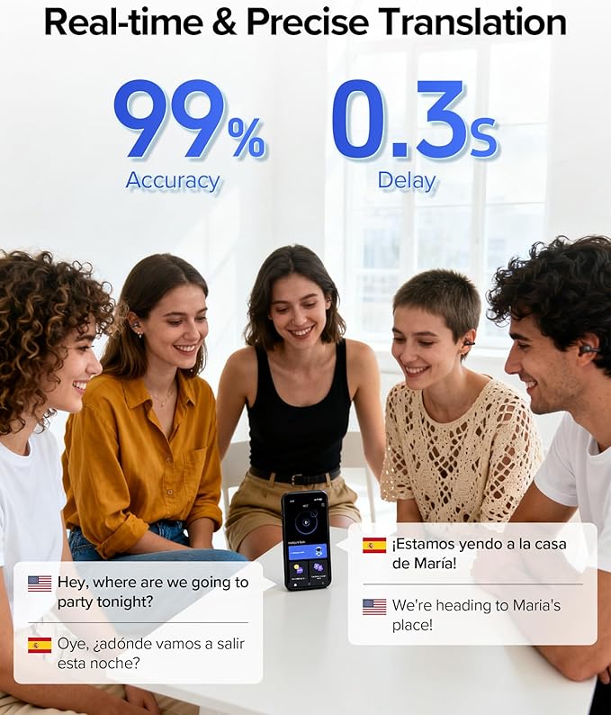 AI Translation Earbuds Real Time 164 Languages AI Translator Earbuds Audifonos Traductores Inglés Español Wireless Earbud Translating Ear Buds Bluetooth Headphones for Travel Business Learning Black