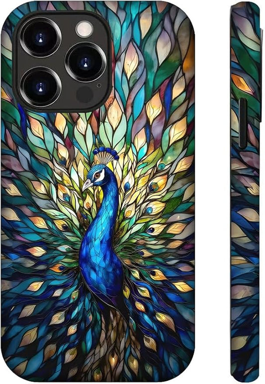 Generic Case Compatible with iPhone 14 Pro,Peacock Stained Phone Case for Girl Women,Durable Protection Case
