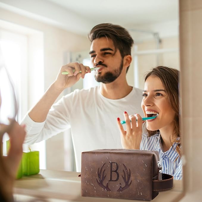 Personalized Travel Toiletry Bag for Men Initial Letter PU Leather Waterproof Shaving Bag for Toiletries Accessories Travel Essentials Storage Bags Fathers Day Birthday Gifts for Men (Y)