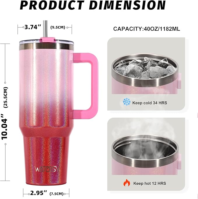 40 oz Shiny Tumbler with Handle and Straw,Stainless Steel Tumbler with Lid and Straw,Insulated Travel Mug(Cold for 34 Hours),Water Bottle for Iced Tea,Coffee (Red)