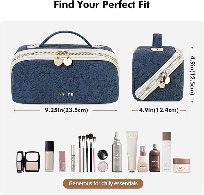 Prite Travel Cosmetic Bag Makeup Organizer Bag For Women Large Capacity Waterproof PU Leather Toiletry Bag with Handle and Clear Divider(Blue Flower)