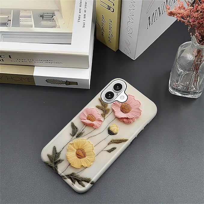 Case for iPhone 16 Case,Faux Embroidery Boho Floral Design - Hybrid Dual Protection Silicone + Hard PC Shockproof Full Body Cover Slim Anti-Scratch Protective Case for Men Women