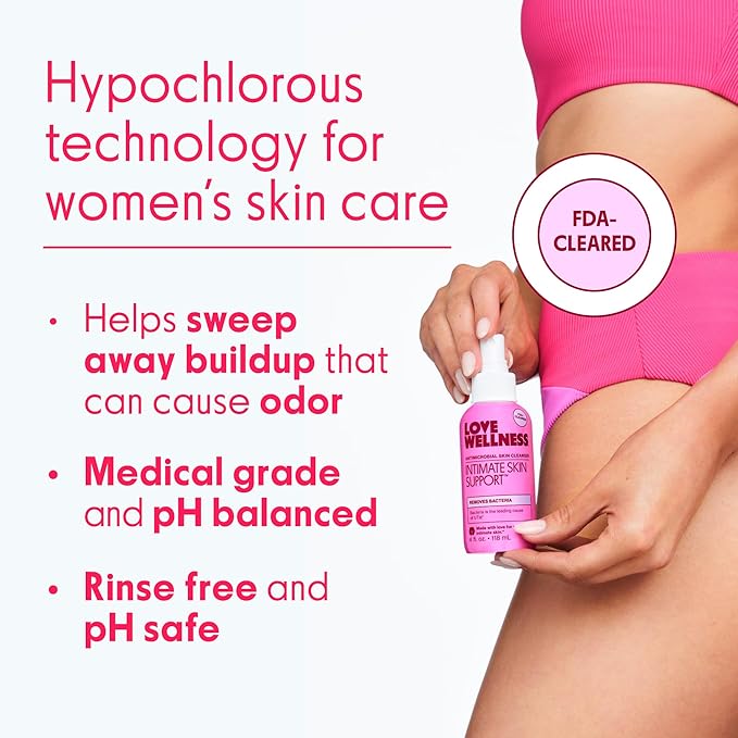 Love Wellness Intimate Skin Support I FDA-Cleared Cleanser Spray I Removes Buildup & Soothes Irritated Skin, Hypochlorous Acid Formula, pH Balanced & Fragrance Free, 4 fl oz