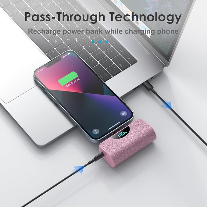 Mini Portable Charger Power Bank for iPhone, 5200mAh External Battery Charging Bank, 20W PD Fast Charging Battery Pack Portable Phone Charger for iPhone 14 Pro Max/14/13/12/11/XR/X/8/7/6/SE (Pink)
