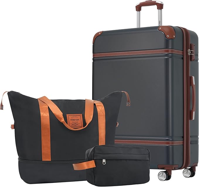 Merax Suitcase Set 24 inches Expandable Luggage with TSA Lock Spinner Wheels Hardshell Lightweight Vintage Luggage with Travel Bag,Black