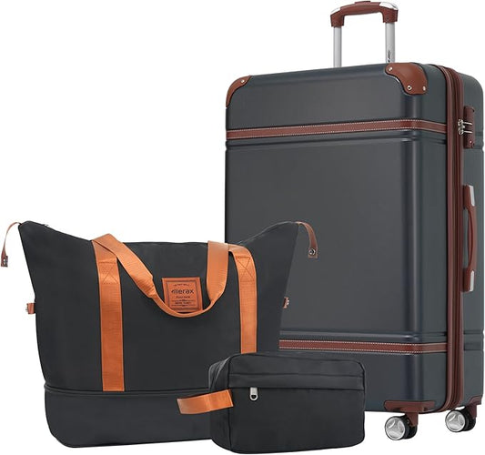 Merax Suitcase Set 24 inches Expandable Luggage with TSA Lock Spinner Wheels Hardshell Lightweight Vintage Luggage with Travel Bag,Black