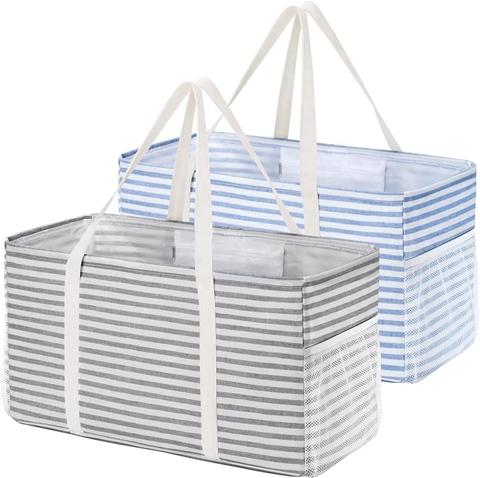 Lifewit Extra Large Tote Bag, Reusable Grocery Bags with Metal Wire Frame and Handles, Standing Utility Foldable Shopping Bags for Storage, Picnics, Beach, Pool, Laundry, Car 2 Packs 46L Gray and Blue
