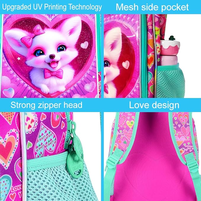 3Pcs Fox Backpack for Girls, 16" Kids Bookbag with Lunch Box, School Backpacks Set for Elementary Preschool Kindergarten(Pink)