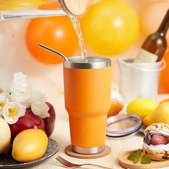 MEWAY 30oz Insulated Tumbler With Lids and Straws,Stainless Steel Double Vacuum Coffee Tumbler Cup, Brush, Durable Powder Coated Coffee Cup for Cold & Hot Drinks, Office, Travel(Orange,4 PACK)