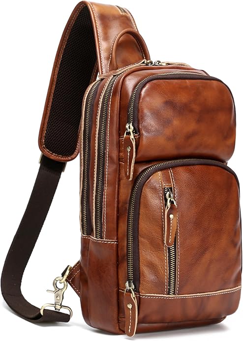 LANNSYNE Full Grain Leather Sling Bag For Men Crossbody Chest Daypack fits 10.5" iPad
