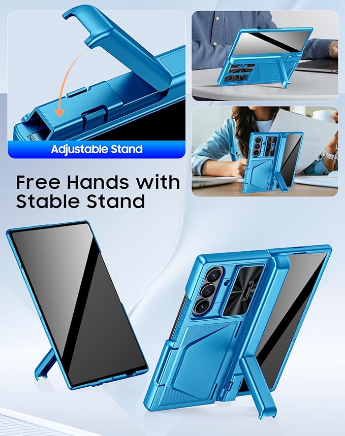 for Samsung Galaxy Z Fold 7 Case with Card Holder RFID Blocking & Privacy Screen Protector & Slide Lens Cover & Hinge Protection & Kickstand, Shockproof Wallet Case for Z Fold 7 (Lake Blue)