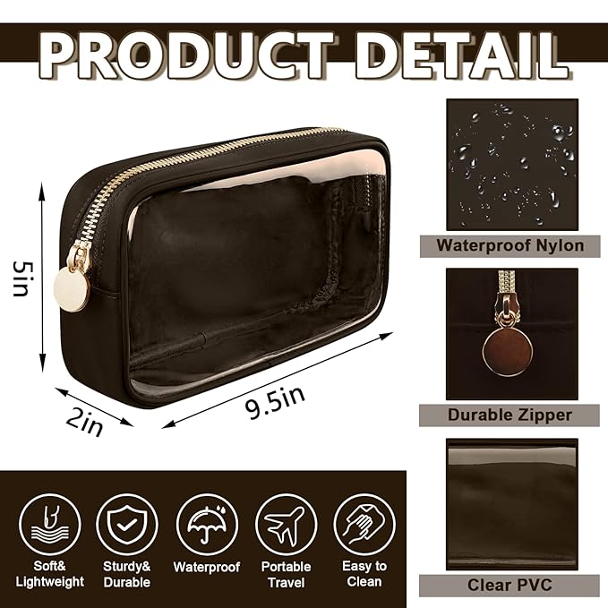 Clear Small Makeup Bag with Zipper, Nylon&PVC Cosmetic Travel Bag Preppy TSA Approved Toiletry Bag for Women Girls, Transparent Waterproof Makeup Pouches Cute Travel Bag for Purse(Small-Chocolate)