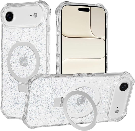 Magnetic for iPhone Air Case with Invisible Stand, Compatible with MagSafe, Clear Bling Sparkle Shockproof Slim Anti-Slip Military Drop Protection Hard Phone Case 6.5" Glitter Silver