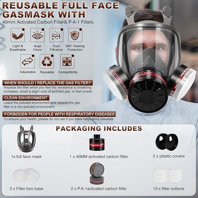 Respirator Mask, Reusable Face Respirators with Filters, Gas Masks Against Chemicals/Organic Vapor/Formaldehyde