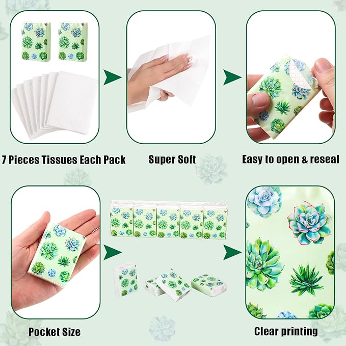 100 Pack Facial Tissue Mini Paper Pocket Tissues Small Size Travel Tissue Packs for Wedding Party Favors Graduation Celebration, 3 Ply, 2.8 x 2.2 In(Succulent)