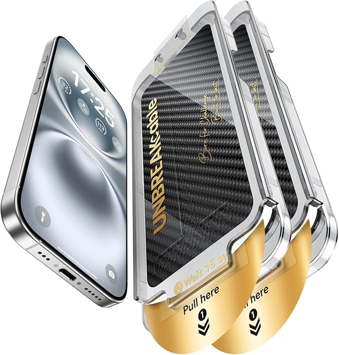 UNBREAKcable Screen Protector for iPhone 16/15, Pull-To-Protect Easy Installation, Auto Dust-Elimination, 9H+ Military-Grade Tempered Glass, Bubble-Free, Case Friendly, HD Clear, 6.1 Inch, 2 Pack