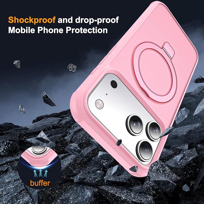 Compatible with iPhone 17 Pro Max Case with Invisible Magnetic O-Ring Stand Military-Grade Translucent Case for iPhone 17 ProMax 6.9" [Compatible with Mag-Safe][Great Grip Feeling], Pink