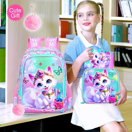 3Pcs Fox Backpack for Girls, 16" Kids Bookbag with Lunch Box，School Backpacks for Elementary Preschool Kindergarten (Pink)