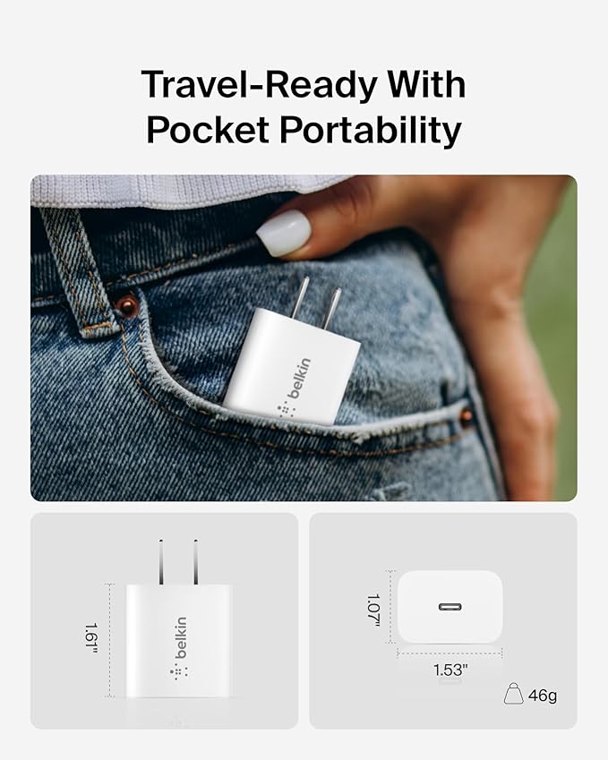 Belkin USB C Charger Block 20W (2-Pack) - Fast Charging - Apple iPhone 17, Air, Pro, Pro Max, iPad, AirPods, Samsung Galaxy S25, Nintendo Switch 2 & More - White