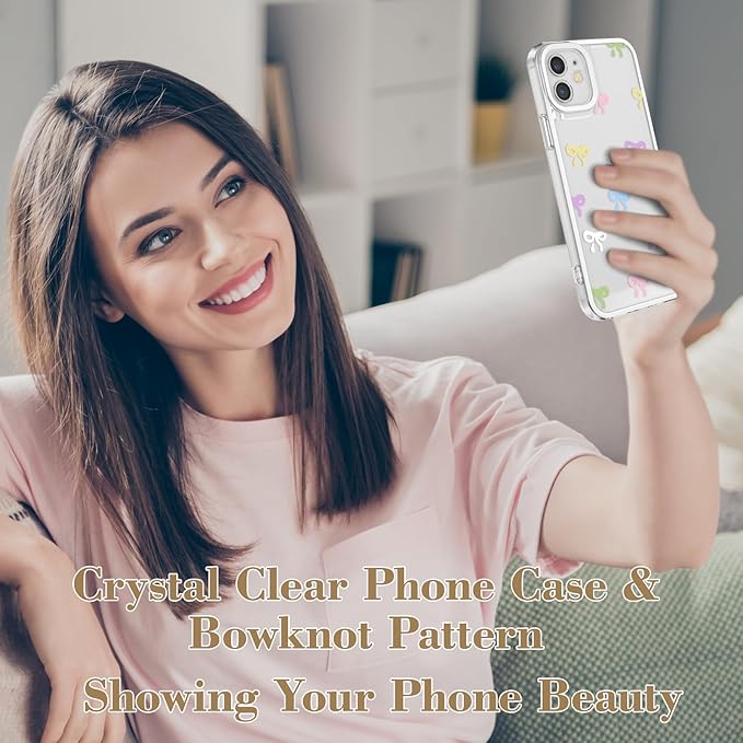EYZUTAK Case for iPhone 11, Clear Cute Ribbon Bowknot Pattern Aesthetic Transparent Phone Case Raised Camera Protection Stylish Slim Soft Durable TPU Protective Cover for Women Girls - Colorful