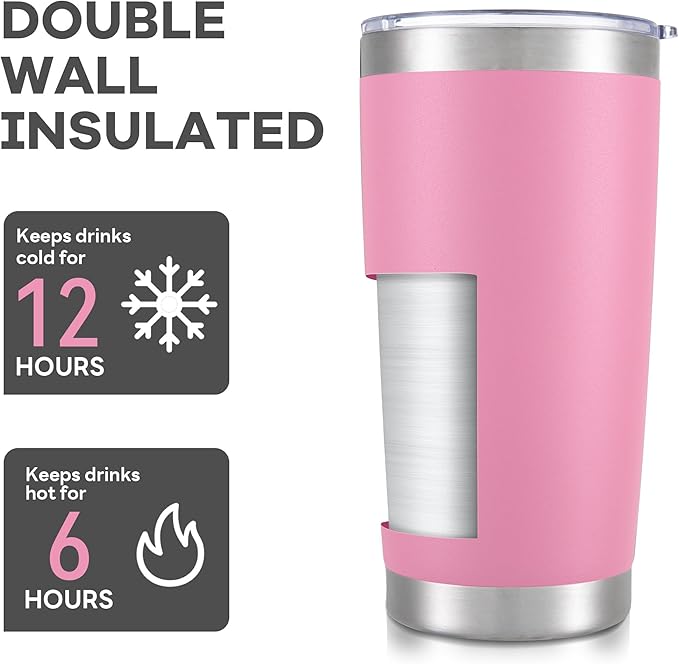 20 oz Tumbler with Lid Stainless Steel Insulated Tumblers Bulk Double Wall Vacuum Cups Powder Coated Travel Mug Keep Drinks Cold and Hot, Pink, 12 Pack