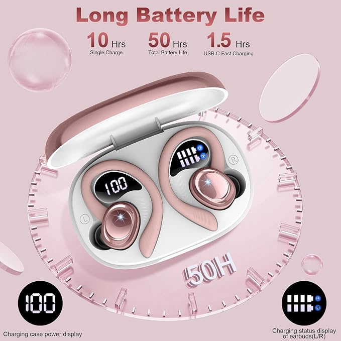 Wireless Earbuds Sport, Bluetooth 5.4 Headphones with Earhook, 2025 Hi-Fi Stereo Over Ear Buds, 50H Earphones with 4 ENC Noise Canceling Mics, IP7 Waterproof Headset for Running Workout (Android/iOS)