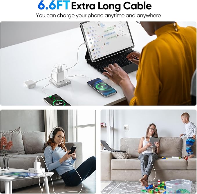 [2-Pack] USB C Wall Charger,80W 4-Port Type C Fast Charging Block,USBC Multiport Wall Plug PD&QC GaN Charging Cube with 6.6FT USB C Cable for iPhone 16/15/14/13/12/11/Pro Max/XS/XR, Samsung（White