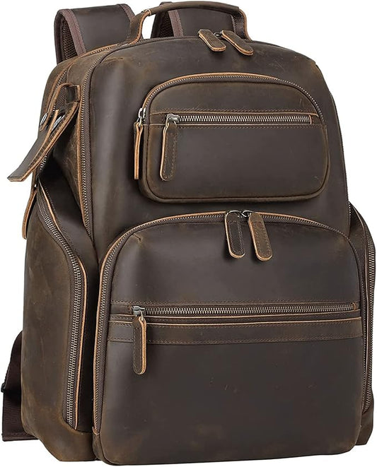 TIDING Men's Vintage Leather 15.6" Laptop Backpack Multi Pockets Travel Rucksack Business Overnight Daypack