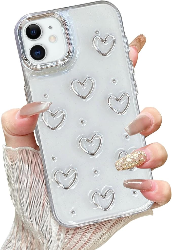 EYZUTAK Case for iPhone 12/iPhone 12 Pro, Bling Glitter 3D Hearts Phone Case Cute Sparkly Crystal Clear Heart Aesthetic Design Case Slim Soft Durable TPU Transparent Protective Cover for Women - Heart
