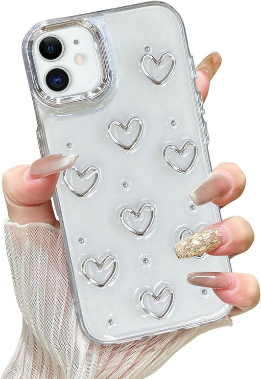EYZUTAK Case for iPhone 12/iPhone 12 Pro, Bling Glitter 3D Hearts Phone Case Cute Sparkly Crystal Clear Heart Aesthetic Design Case Slim Soft Durable TPU Transparent Protective Cover for Women - Heart