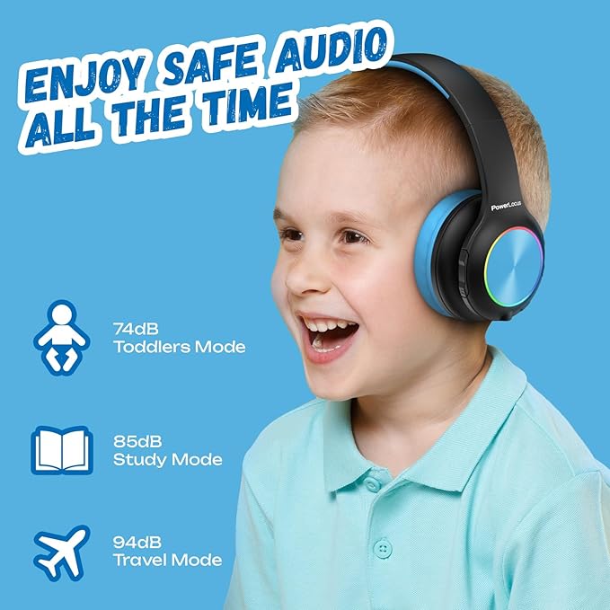 PowerLocus PLED Kids Bluetooth Headphones, Kids Wireless Headphones with LED Lights, 74/85/94dB Safe Volume, Micro SD, AUX Cable, Hi-Fi Stereo, Built-in Mic Over Ear Kid Headphone for Travel/Tablet/PC