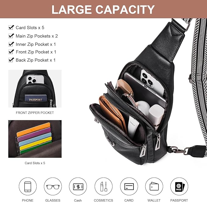 Womens Sling Bag Crossbody Bags for Women Vegan Leather Sling Backpack Daypack Fanny Pack Crossbody Purse Travel