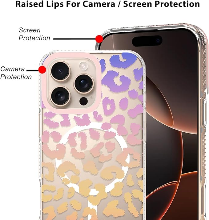 SAKUULO Magnetic for iPhone 16 Pro Case Colourful Leopard Print Pattern [Compatible with MagSafe] [with Screen Protector] Wireless Charge Strengthen Protection Cover, Colourful Leopard (6.3")