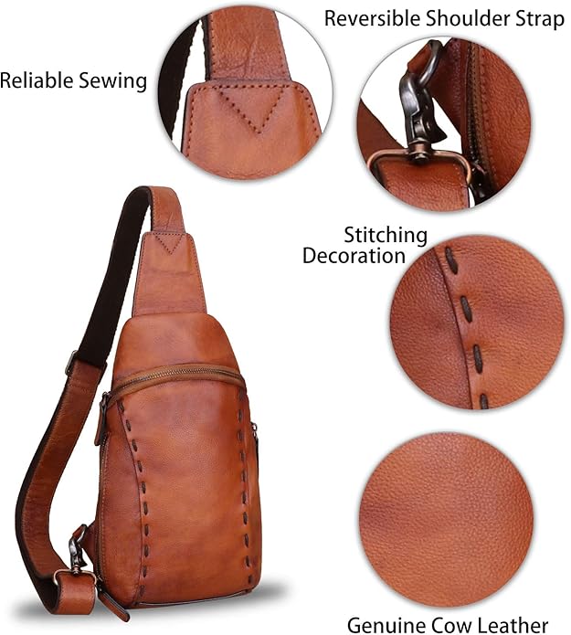 LRTO Genuine Leather Silng Bag for Women and Men Vintage Real Leather Sling Backpack Shoulder Crossbody Bag Chest Purse
