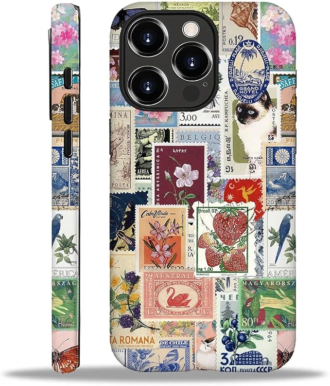 Case for iPhone 16 Pro,Vintage Stamp Collage for Woman Men Full Body Protective Cover Shockproof 2 in 1 Silicone + Hard PC Case for iPhone 16 Pro