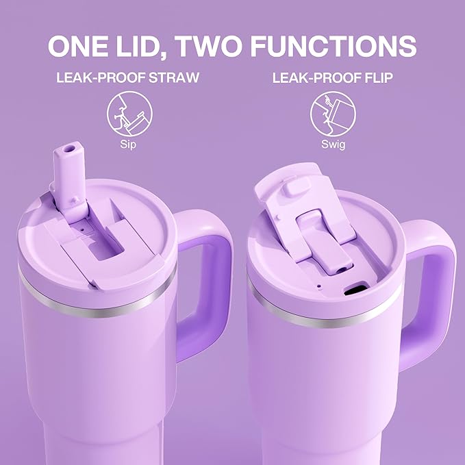 32 oz Tumbler with Handle and Straw: Stainless Steel Insulated Tumbler Keeps Cold for 24 Hours, Leakproof Travel Cup Fits in Cup Holder and BPA-Free, Lavende