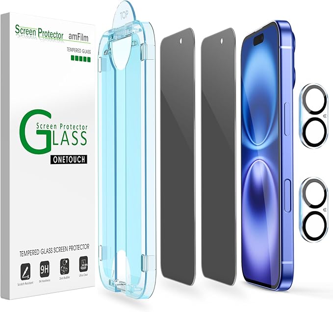 amFilm Auto-Alignment OneTouch for iPhone 16 Plus [6.7''] privacy Screen Protector,Tempered Glass, 30 seconds Installation, Bubble Free, Case Friendly, Anti-Scratch [2Pack]