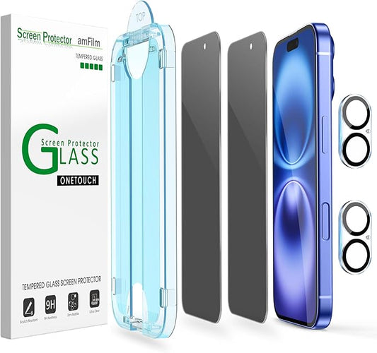 amFilm Auto-Alignment OneTouch for iPhone 16 Plus [6.7''] privacy Screen Protector,Tempered Glass, 30 seconds Installation, Bubble Free, Case Friendly, Anti-Scratch [2Pack]