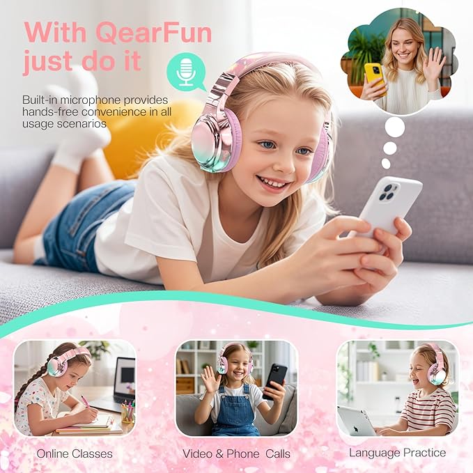 QearFun Kids Bluetooth 5.3 Headphones, Wireless Metallic Gradient Headset, Lightweight Foldable On Ear Headphones with Aux Cord, Fast Charging, Built-in Mic, for School/Travel/Tablet/iPad
