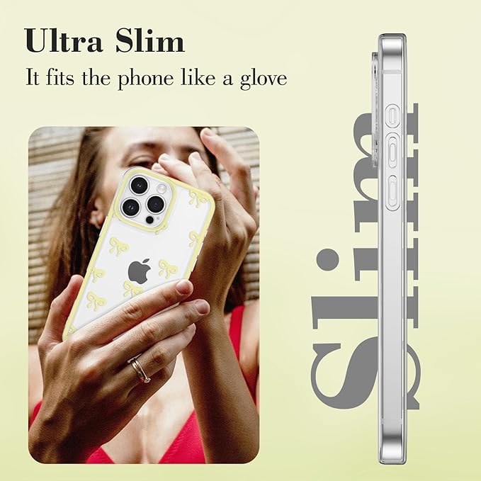 EYZUTAK Case for iPhone 16 Pro Max, Clear Cute Ribbon Bowknot Pattern Aesthetic Transparent Phone Case Raised Camera Protection Stylish Slim Soft Durable TPU Protective Cover for Women Girls - Yellow
