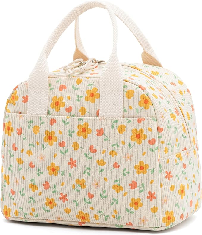 Insulated Yellow Floral Lunch Bag for Women, Stylish Corduroy Tote with Aluminum Lining, Large Capacity Reusable Cooler for Work, Travel, Beach or Picnic, Floral Water-Resistant Lunch Box