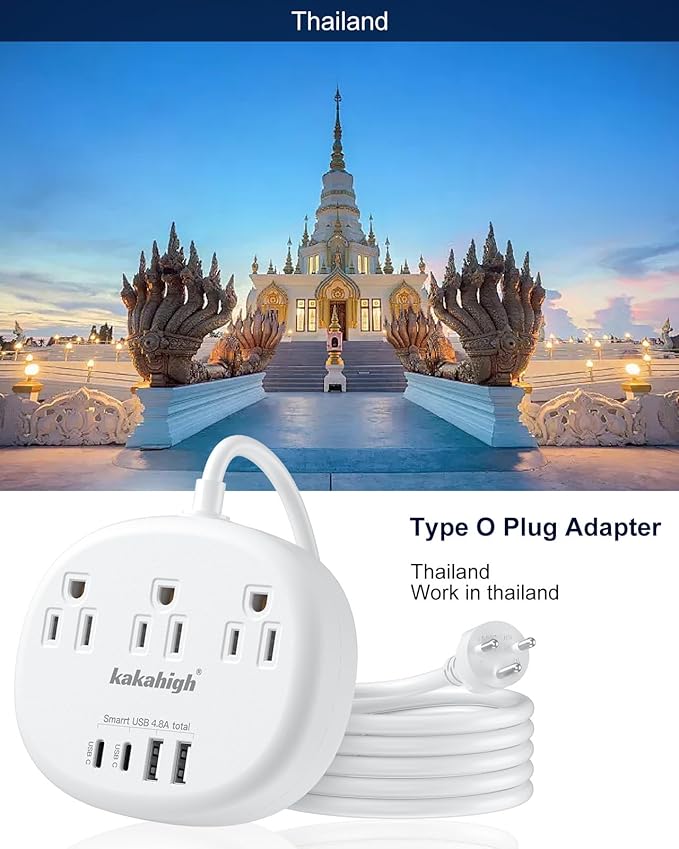 Thailand Power Adapter, Thailand Plug Adapter with 3 American Outlets 4 USB Ports (2 USB-C) Total 24W, Type O Plug Adapter for USA to Thailand, 4FT