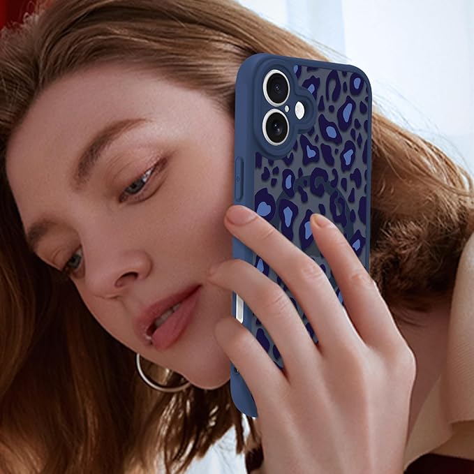 KANGHAR Case for iPhone 16 Plus Blue Leopard Printed Pattern Cute Cheetah [Compatible with Magsafe] Protective Magnetic Case for Girls Women 6.7"