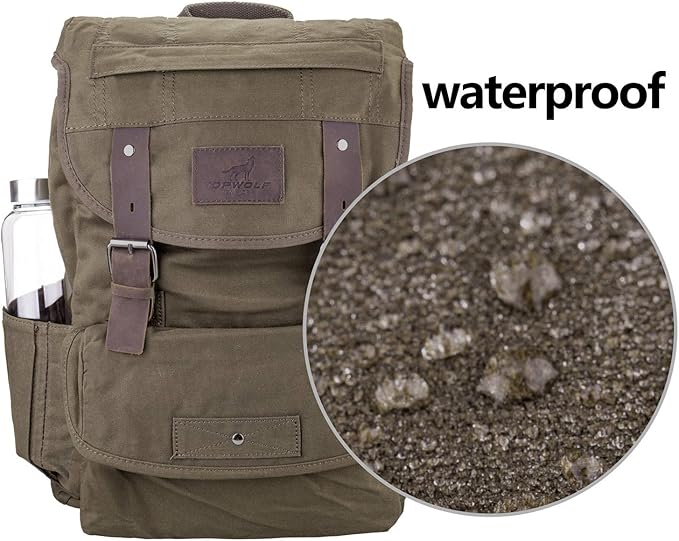 Waterproof Waxed Canvas Backpack for Men Travel Rucksack Leather Trimming (Green) One_Size