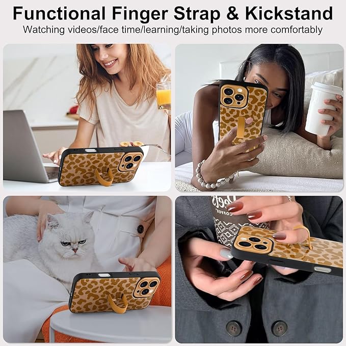 Compatible with iPhone 16 Pro Max Case with Finger Hand Strap Kickstand, Trendy Cool Leopard Cheetah Print Phone Case for Women Men, Full Camera Protection Shockproof Protective Cover, Brown