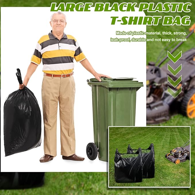 Kisston 400 Count Jumbo Size Plastic T Shirt Bags with Handles, 35 Mic, XX Large Plain Plastic T Shirt Grocery Bags, Thick and Heavy Duty (Black,32" x 19")