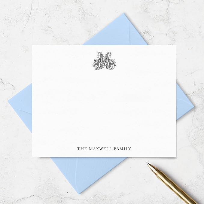 Classic 1 Letter Monogram Note Card and Envelope Stationery Set, Traditional Monogrammed Personalized Stationary in Choice of Set Size and Colors (Monogram with Name at Bottom)