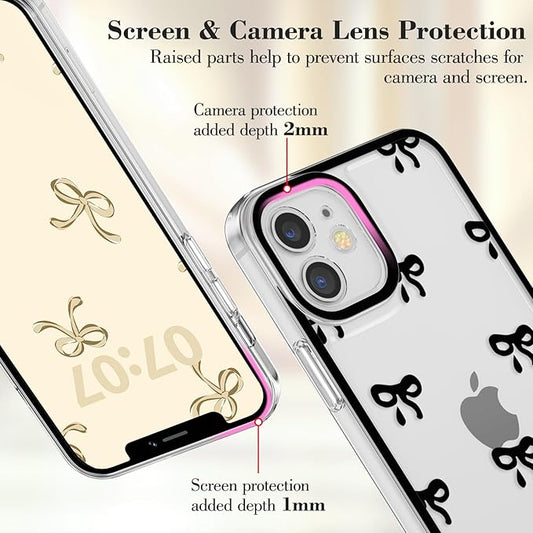 EYZUTAK Case for iPhone 12, Clear Cute Ribbon Bowknot Pattern Aesthetic Transparent Phone Case Raised Camera Protection Stylish Slim Soft Durable TPU Protective Cover for Women Girls - Black